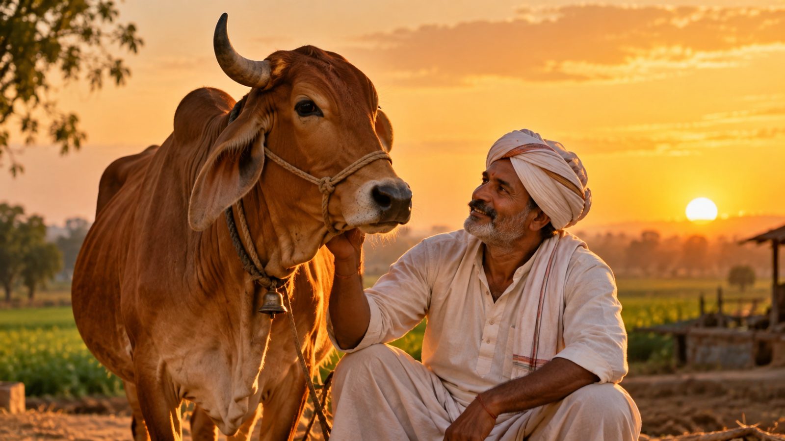 A farmer with his indigenous cow at sunset